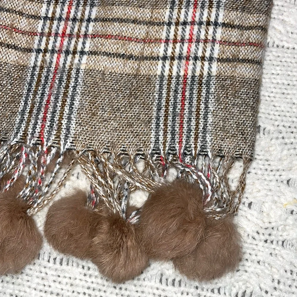 Cashmere Scarf  Fur Pom Poms Brown Plaid Women's - S Brand